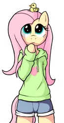 Size: 459x880 | Tagged: safe, artist:apony, derpibooru import, fluttershy, pony, semi-anthro, bipedal, clothes, duckling, futa fluttershy, hoodie, looking up, shorts, smiling, solo, sweater, sweatershy