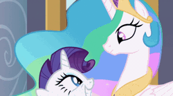 Size: 1272x709 | Tagged: animated, blinking, crown, derpibooru import, horn, jewelry, mane, out of context, peytral, princess celestia, rarity, regalia, safe, screencap, smiling, smirk, sweet and elite, wings