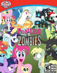 Size: 792x1008 | Tagged: semi-grimdark, artist:spongebat1, derpibooru import, apple bloom, applejack, big macintosh, bulk biceps, derpy hooves, fluttershy, hugh jelly, lyra heartstrings, pinkie pie, queen chrysalis, rainbow dash, rarity, scootaloo, spike, sweetie belle, twilight sparkle, oc, oc:snowdrop, changeling, dragon, earth pony, pegasus, pony, unicorn, zombie pony, 1000 hours in ms paint, changelingified, cutie mark crusaders, esrb, female, filly, male, mane seven, mane six, mare, ms paint, pc, plants vs zombies, stallion, turbo, wreck-it ralph