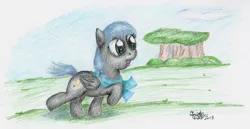 Size: 1243x643 | Tagged: safe, artist:kuroitsubasatenshi, derpibooru import, oc, unofficial characters only, pegasus, pony, dusky down, filly, traditional art, travelling