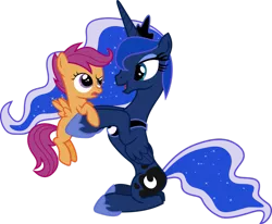 Size: 851x700 | Tagged: source needed, safe, derpibooru import, princess luna, scootaloo, pony, eye contact, frown, holding a pony, hug, open mouth, raised eyebrow, scootalove, simple background, sitting, smiling, transparent background, unamused, vector