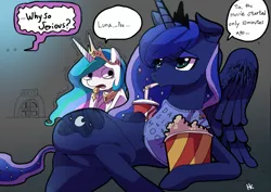 Size: 1200x848 | Tagged: safe, artist:cakewasgood, derpibooru import, princess celestia, princess luna, alicorn, pony, batman, desperation, dialogue, draw me like one of your french girls, eating, food, magic shirt, movie, need to pee, omorashi, pink floyd, plot, popcorn, potty dance, potty emergency, potty time, scared, side, television, the dark knight, the dark side of the moon, the joker, trotting in place