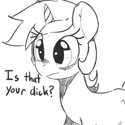 Size: 660x660 | Tagged: suggestive, artist:mewball, derpibooru import, lyra heartstrings, pony, unicorn, blushing, cute, dialogue, female, grayscale, implied penis, lyrabetes, mare, monochrome, solo, vulgar