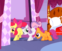 Size: 660x540 | Tagged: animated, apple bloom, cropped, cutie mark crusaders, derpibooru import, door, pushing, rump push, safe, scootaloo, screencap, sweetie belle, the cutie mark chronicles, train