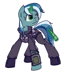 Size: 1280x1436 | Tagged: safe, artist:inlucidreverie, derpibooru import, oc, oc:skyfall, unofficial characters only, pony, unicorn, clothes, fallout, fallout: new vegas, magic, simple background, solo, telekinesis, transparent background