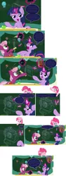 Size: 1423x3774 | Tagged: safe, artist:frist44, derpibooru import, cheerilee, pinkie pie, twilight sparkle, twilight sparkle (alicorn), alicorn, pony, :p, chalk, chalkboard, cheerilee-s-chalkboard, comic, eraser, fourth wall, levitation, pinkie sense, prank, telekinesis