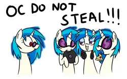 Size: 1124x700 | Tagged: safe, artist:grilledcat, derpibooru import, vinyl scratch, pony, unicorn, biting, donut steel, female, food, headphones, mare, meat, multeity, pepperoni, pepperoni pizza, pizza, self ponidox, vinyl album