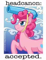 Size: 553x720 | Tagged: safe, artist:texasuberalles, derpibooru import, pinkie pie, earth pony, pony, cannon, canon, female, headcannon, headcanon, headcanon accepted, looking up, mare, partillery, party cannon, pun, raised hoof, reaction image, smiling, solo, visual pun