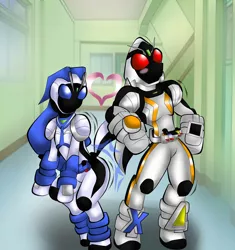 Size: 1742x1854 | Tagged: safe, derpibooru import, pony, armor, bump, bunst, couple, crossover, flank, fourze, kamen rider, kamen rider fourze, male, mask, nadeshiko, space, stallion, tail