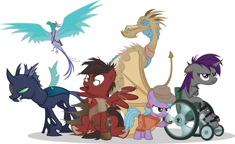 Size: 7919x4868 | Tagged: absurd resolution, artist:jittery-the-dragon, dead source, derpibooru import, dragon, eyepatch, fedora, hat, hoof braces, oc, oc:carinae, oc:cookie crumble, oc:oracle, oc:rhubarb, oc:serenity, oc:sparky scamper, phoenix, pipe, safe, simple background, transparent background, unofficial characters only, wheelchair