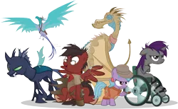 Size: 7919x4868 | Tagged: absurd resolution, artist:jittery-the-dragon, dead source, derpibooru import, dragon, eyepatch, fedora, hat, hoof braces, oc, oc:carinae, oc:cookie crumble, oc:oracle, oc:rhubarb, oc:serenity, oc:sparky scamper, phoenix, pipe, safe, simple background, transparent background, unofficial characters only, wheelchair