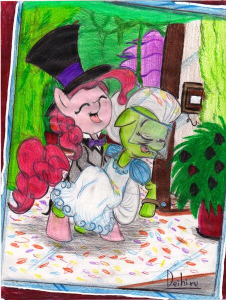 Size: 2448x3252 | Tagged: artist:deihiru, clothes, crack shipping, derpibooru import, dress, grannypie, granny smith, hat, pinkie pie, safe, suit, top hat, wedding dress, wedding ring