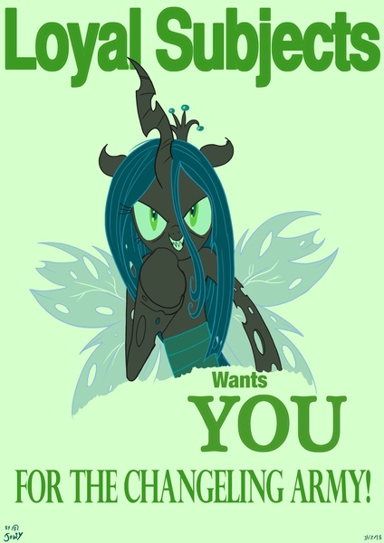 Size: 2480x3508 | Tagged: safe, artist:jowybean, derpibooru import, queen chrysalis, crossover, parody, poster, recruitment poster, solo