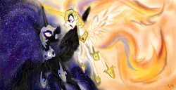 Size: 1024x524 | Tagged: alternate universe, armor, artist:charmingstranger, combat, derpibooru import, fight, nightmare moon, nightmare star, princess celestia, safe