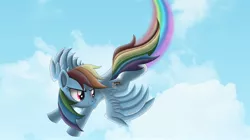 Size: 2500x1400 | Tagged: safe, artist:cryzeu, derpibooru import, rainbow dash, flying, solo