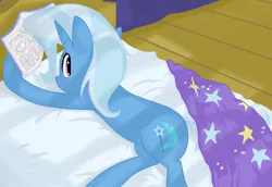 Size: 800x550 | Tagged: safe, artist:pupupunopu, derpibooru import, trixie, pony, unicorn, bed, blanket, book, cute, diatrixes, female, mare, pixiv, prone, reading, solo