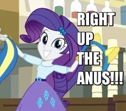 Size: 400x350 | Tagged: suggestive, derpibooru import, edit, screencap, rarity, equestria girls, animal ears, bend over, buttplug, caption, image macro, implied anal insertion, implied insertion, irrational exuberance, meme, right up the butt, sex toy, tail, text
