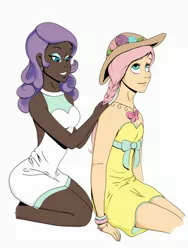 Size: 2400x3200 | Tagged: alternate hairstyle, artist:otpprincess, braid, dark skin, derpibooru import, fluttershy, hair styling, human, humanized, makeover, rarity, safe