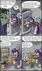 Size: 1852x3080 | Tagged: :3, artist:ciriliko, book, bucket, bunker, comic, creeper, crossover, derpibooru import, minecraft, potty, potty time, safe, that pony sure does love books, trixie, twilight sparkle, zas, zombie