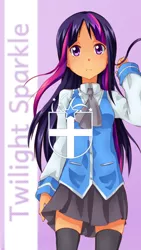 Size: 640x1136 | Tagged: artist:derpiihooves, artist:semehammer, derpibooru import, human, humanized, safe, solo, starswirl academy, starswirl academy uniform, tai saito, twilight sparkle