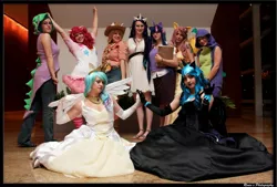 Size: 1481x1000 | Tagged: applejack, artist:chiara scuro, barb, cosplay, derpibooru import, fluttershy, group photo, human, irl, irl human, nightmare moon, otakon, photo, pinkie pie, princess celestia, rarity, rule 63, safe, spike, twilight sparkle