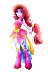 Size: 685x1024 | Tagged: safe, artist:koveliana, derpibooru import, pinkie pie, equestria girls, alternate costumes, chromatic aberration, colored skin, humanized, solo