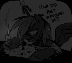 Size: 1280x1134 | Tagged: artist:kilo, ask, dark, derpibooru import, grayscale, map, oc, oc:fire juggler blue, safe, solo, spear, table, tumblr, unofficial characters only