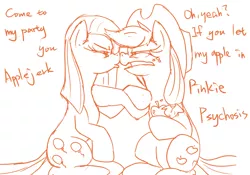 Size: 900x631 | Tagged: applejack, argument, artist:sion, boop, derpibooru import, dialogue, monochrome, noseboop, pinkamena diane pie, pinkie pie, safe