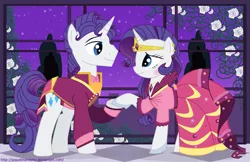 Size: 1925x1245 | Tagged: safe, artist:jaquelindreamz, derpibooru import, rarity, pony, unicorn, clothes, dress, elusive, female, gala dress, grand galloping gala, male, rarilusive, rule 63, self ponidox, selfcest, shipping, straight, suit