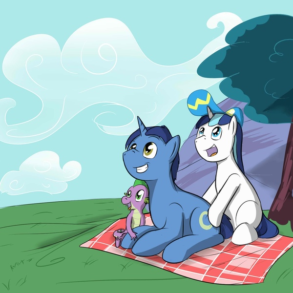 Size: 1280x1280 | Tagged: safe, artist:fuzebox, derpibooru import, night light, shining armor, spike, cloud, cloudy, cute, family, field, hat, looking up, picnic, picnic blanket, sky, spikelove, tree, watching, younger