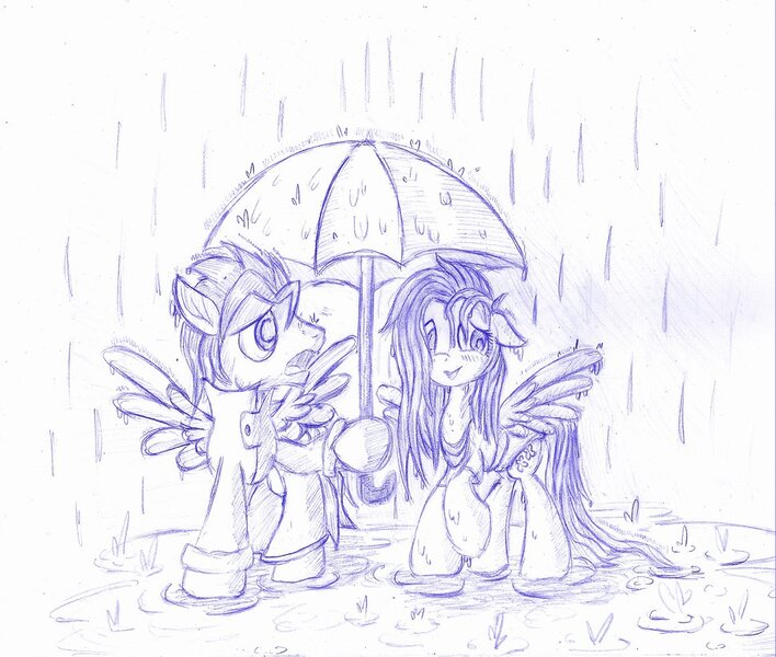 Size: 971x823 | Tagged: safe, artist:piterq12, derpibooru import, fluttershy, oc, oc:lockwood, canon x oc, crisis:equestria, monochrome, rain, shipping, traditional art, umbrella