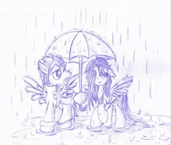 Size: 971x823 | Tagged: safe, artist:piterq12, derpibooru import, fluttershy, oc, oc:lockwood, canon x oc, crisis:equestria, monochrome, rain, shipping, traditional art, umbrella