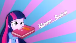 Size: 1920x1080 | Tagged: safe, artist:aumashy, derpibooru import, twilight sparkle, equestria girls, bibliovore, book, drool, nom, solo, sunburst background, vector, wallpaper