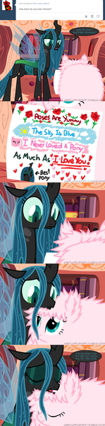 Size: 650x2625 | Tagged: safe, artist:mixermike622, derpibooru import, queen chrysalis, oc, oc:fluffle puff, changeling, changeling queen, pony, tumblr:ask fluffle puff, ask, best pony, canon x oc, chrysipuff, comic, cute, cutealis, drawing, female, flufflebetes, heart, lesbian, love letters, shipping, tumblr