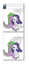 Size: 840x1856 | Tagged: safe, artist:dekomaru, derpibooru import, rarity, spike, tumblr:ask twixie, ask, female, male, older, shipping, snuggling, sparity, straight, tumblr