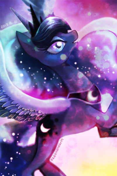 Size: 650x975 | Tagged: abstract background, alicorn, artist:kairean, crown, derpibooru import, ethereal mane, female, horn, jewelry, looking up, princess luna, regalia, safe, smiling, solo, spread wings, wings
