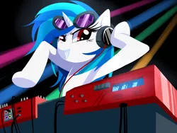 Size: 1000x750 | Tagged: safe, artist:cakewasgood, derpibooru import, vinyl scratch, pony, unicorn, female, headphones, hooves, horn, mare, mixing console, smiling, solo, sunglasses, teeth, text, turntable