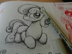 Size: 3456x2592 | Tagged: artist:alumx, derpibooru import, drawing, monochrome, photo, pointillism, safe, source needed, sweetie belle, traditional art