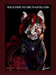 Size: 1500x2000 | Tagged: semi-grimdark, artist:gasmaskfox, derpibooru import, oc, oc:blackjack, unofficial characters only, pony, unicorn, fallout equestria, fallout equestria: project horizons, fanfic, blood, clothes, fanfic art, female, horn, mare, poster, signature, solo, text, vault suit