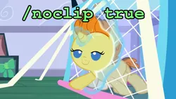 Size: 1136x640 | Tagged: safe, derpibooru import, edit, edited screencap, screencap, pumpkin cake, pony, unicorn, baby cakes, baby, baby pony, glowing horn, hax, image macro, magic, noclip, solo