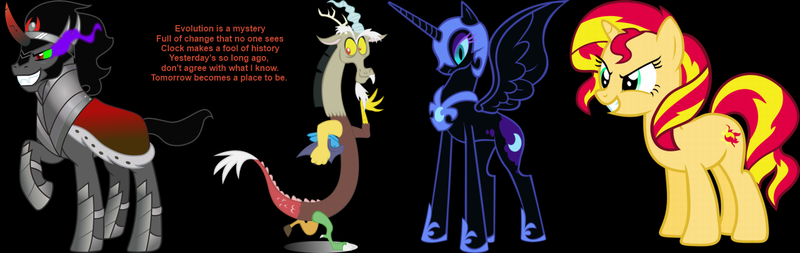 Size: 1500x474 | Tagged: safe, derpibooru import, discord, king sombra, nightmare moon, sunset shimmer, pony, batista, evolution, line in the sand, motorhead, randy orton, ric flair, song reference, triple h, wwe