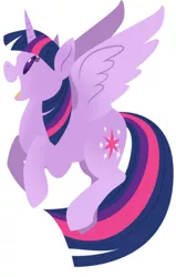 Size: 294x461 | Tagged: safe, artist:justasuta, derpibooru import, twilight sparkle, twilight sparkle (alicorn), alicorn, pony, female, flying, happy, hooves, horn, lineless, mare, open mouth, simple background, smiling, solo, spread wings, white background, wings