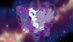 Size: 1024x596 | Tagged: safe, derpibooru import, rarity, oc, oc:kydose, pegasus, pony, unicorn, canon x oc, kissing, love, raridose, shipping, space, stars