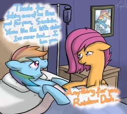 Size: 1000x900 | Tagged: artist:kymsnowman, bed, crying, derpibooru import, older, rainbow dash, safe, scootaloo