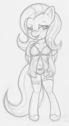 Size: 663x1204 | Tagged: anthro, artist:ryuseihikari, belly button, blushing, breasts, clothes, derpibooru import, female, fluttershy, lingerie, monochrome, panties, shoes, sketch, solo, solo female, stockings, suggestive, underwear