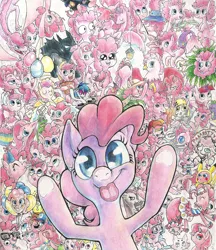 Size: 1024x1184 | Tagged: safe, artist:flyingkitterz, derpibooru import, pinkie pie, earth pony, pony, too many pinkie pies, against glass, clones, detailed, female, fourth wall, mare, multeity, too much pink energy is dangerous, traditional art