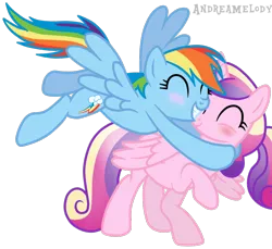 Size: 900x823 | Tagged: age regression, artist:andreamelody, blushing, cadash, female, hug, lesbian, princess cadance, rainbow dash, safe, shipping, simple background, transparent background, vector
