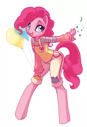 Size: 520x761 | Tagged: safe, artist:kamicheetah, derpibooru import, pinkie pie, anthro, earth pony, unguligrade anthro, balloon, confetti, cute, diapinkes, example, female, happy, looking at you, open mouth, pocket confetti, simple background, solo, white background