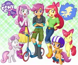 Size: 900x750 | Tagged: safe, artist:uotapo, derpibooru import, apple bloom, scootaloo, sweetie belle, pony, equestria girls, adorabloom, bipedal, boots, clothes, crusaderbetes, cute, cutealoo, cutie mark crusaders, diasweetes, equestria girls logo, human ponidox, palindrome get, self ponidox, shoes, skirt, uotapo is trying to murder us