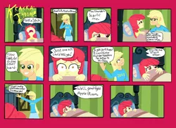 Size: 2338x1700 | Tagged: safe, artist:oneovertwo, derpibooru import, apple bloom, applejack, equestria girls, applebuse, bed, bed hair, blanket, comic, frown, grin, hiding, open mouth, sad, scared, smiling, wide eyes